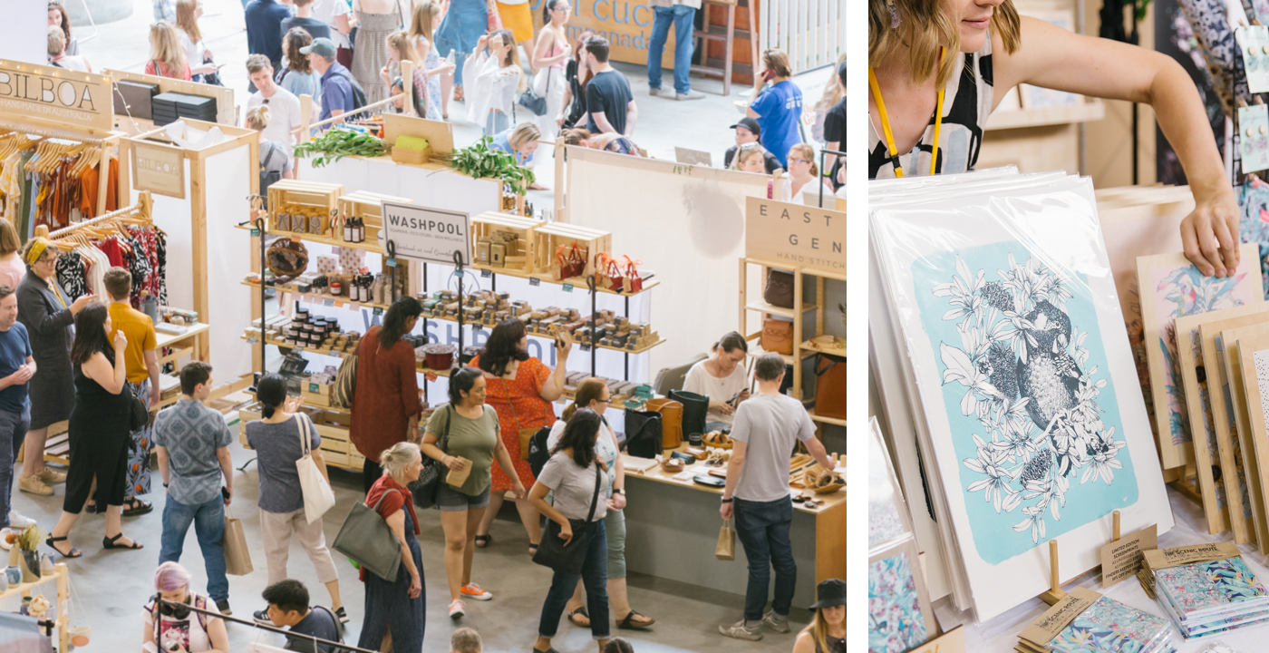 Crowds of people around Bilboa and Washpool stalls at The Finders Keepers indoor marketplace. Close up of a woman arranging floral art on display.