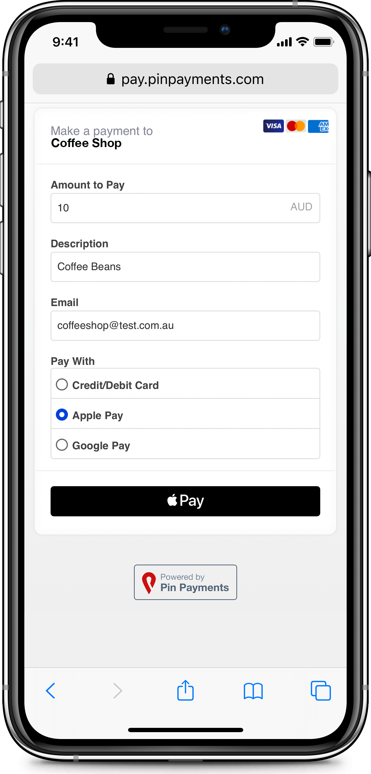 Select Apple Pay as the Payment Method. A user selects Apple Pay as their payment method using Pin Payments' Payment Page.