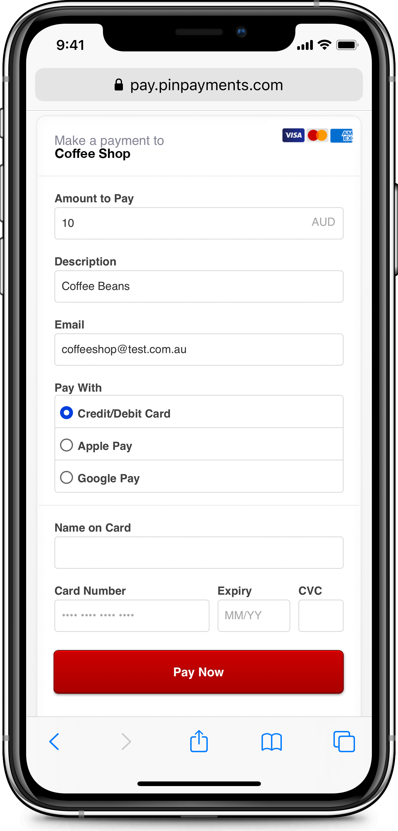 Select Google Pay as the Payment Method. A user selects a Credit/ Debit Card as their payment option using Pin Payments' Payment Page