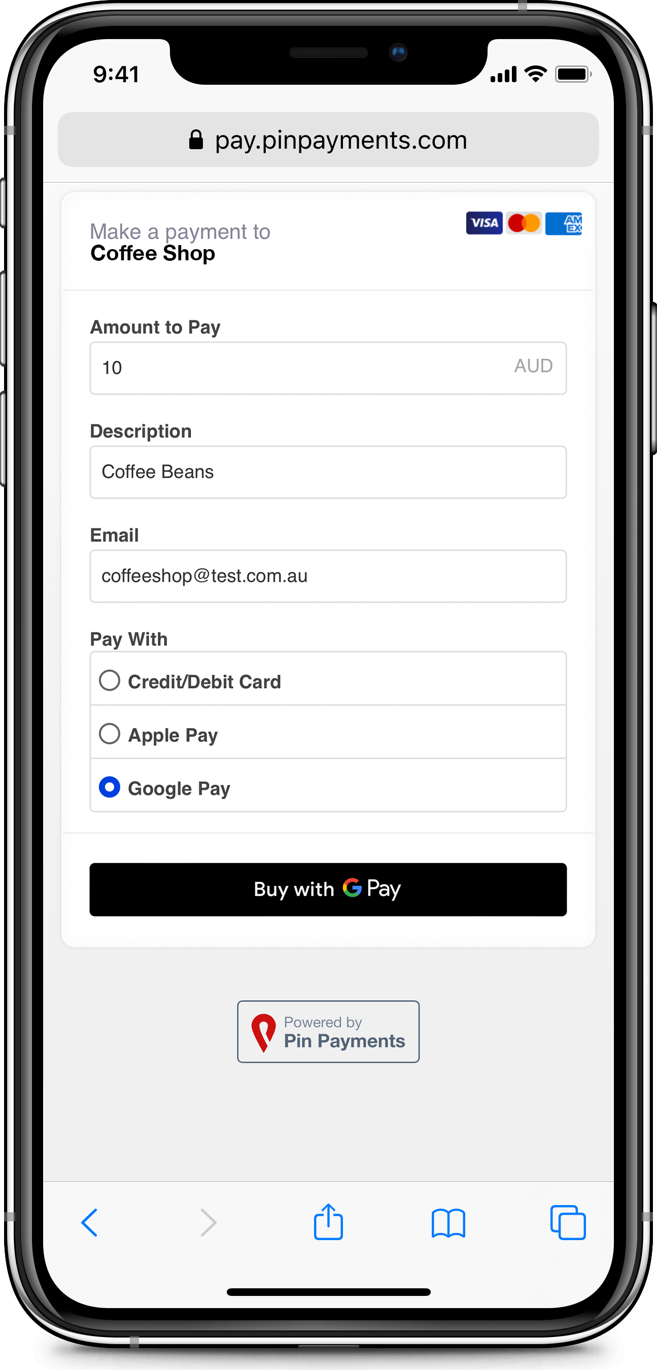 Select Google Pay as the Payment Method. A user selects Google Pay as their payment method using Pin Payments' Payment Page.