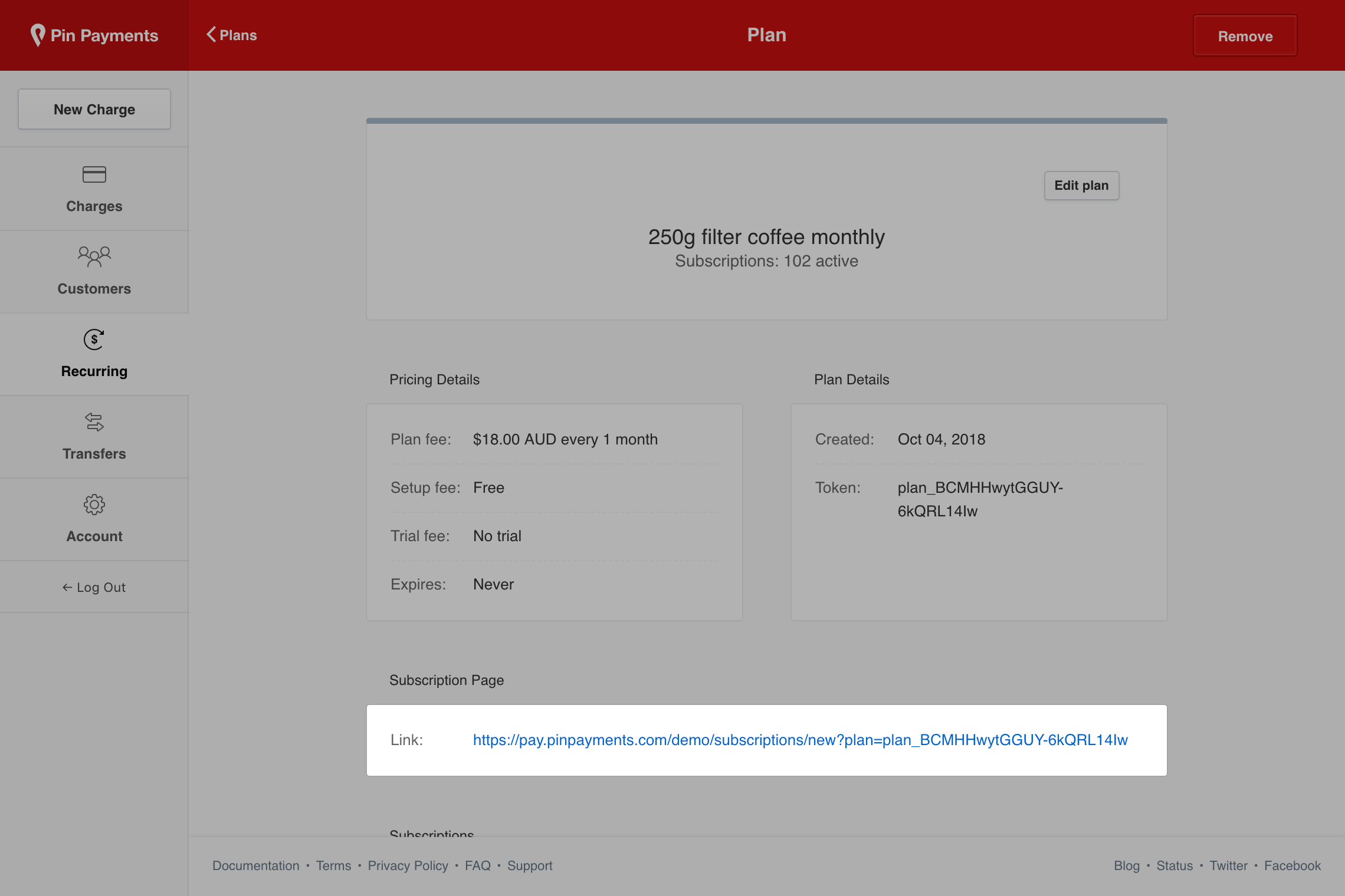Subscription link found on plan dashboard Screenshot of Recurring Payments dashboard