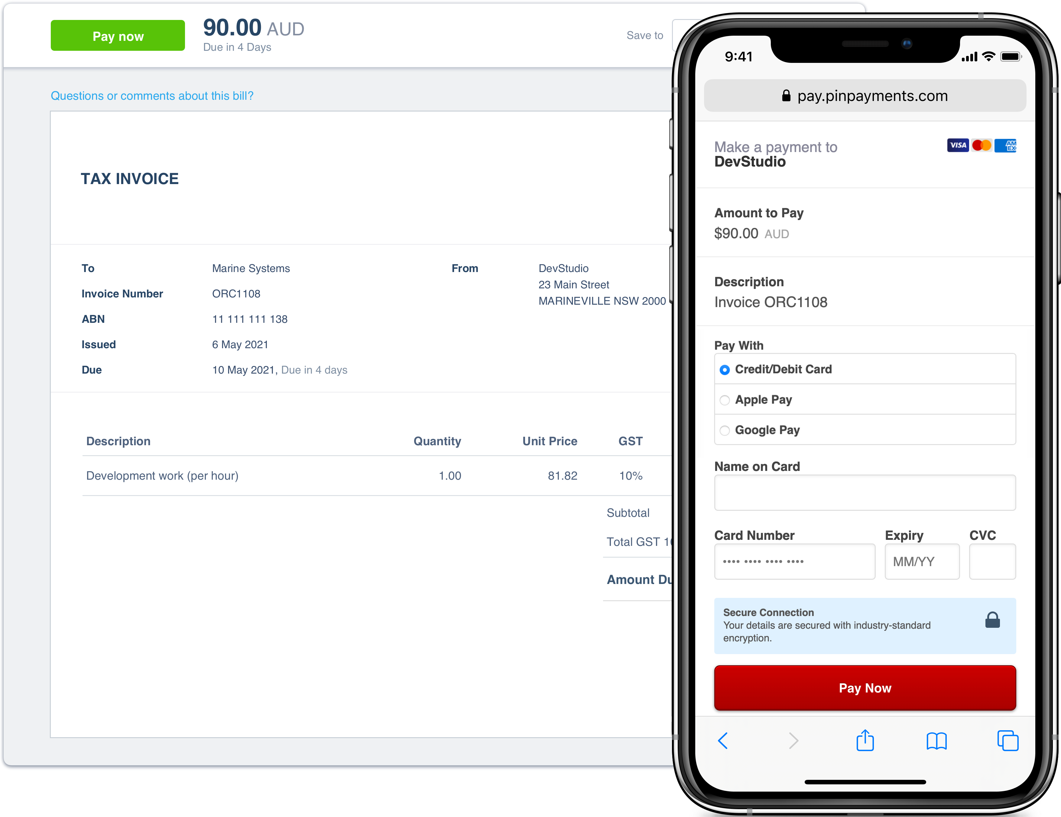 Xero invoice with a mobile phone showing Pin Payments payment page.