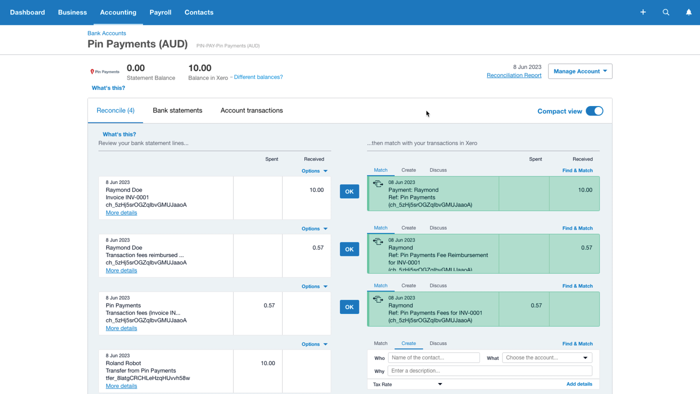 Xero Dashboard showing transactions for reconcilling.